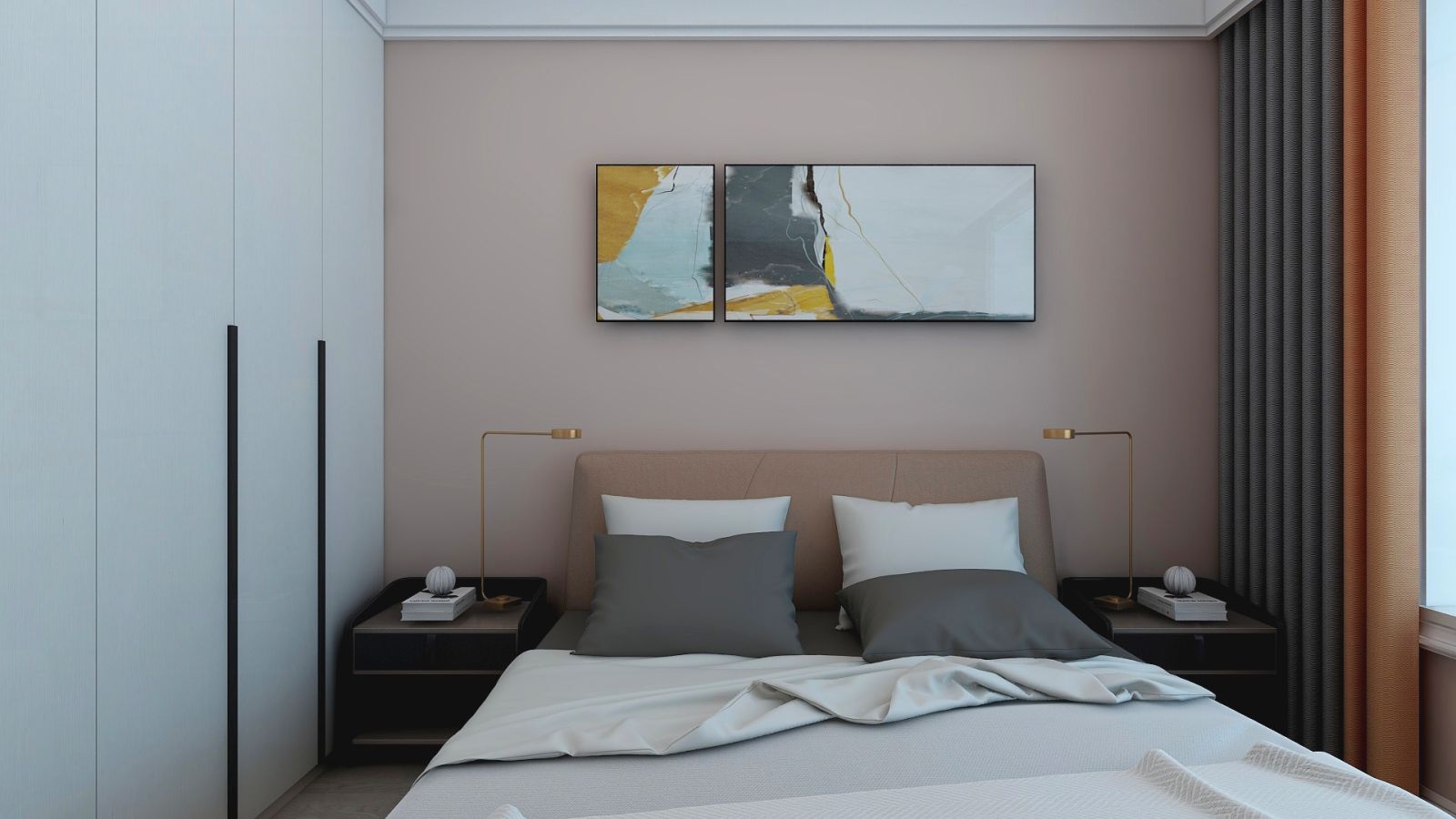 卧室在白色的基础上添加了柔和的暖色系，如灰粉色背景墙面，浅橙色窗帘拼边，黄色点缀的现代装饰画，都起到了协调整个居室氛围的作用，温馨不失浪漫~