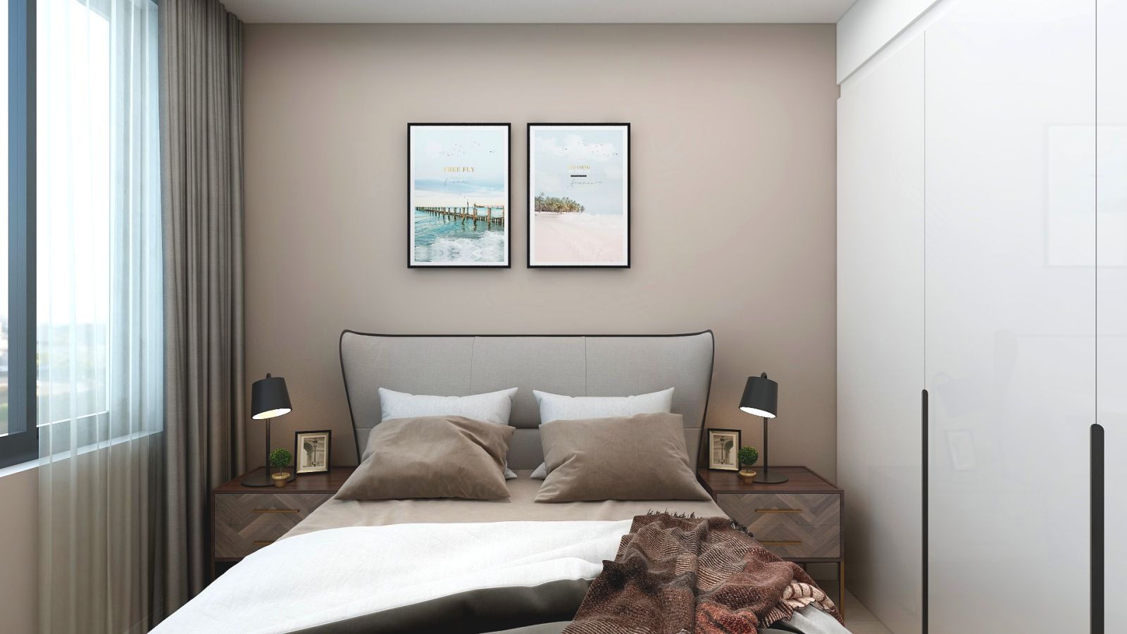 卧室床背景墙面灰调饱和度较低的柔和色系，与床头装饰画，让这个空间温馨浪漫了许多
