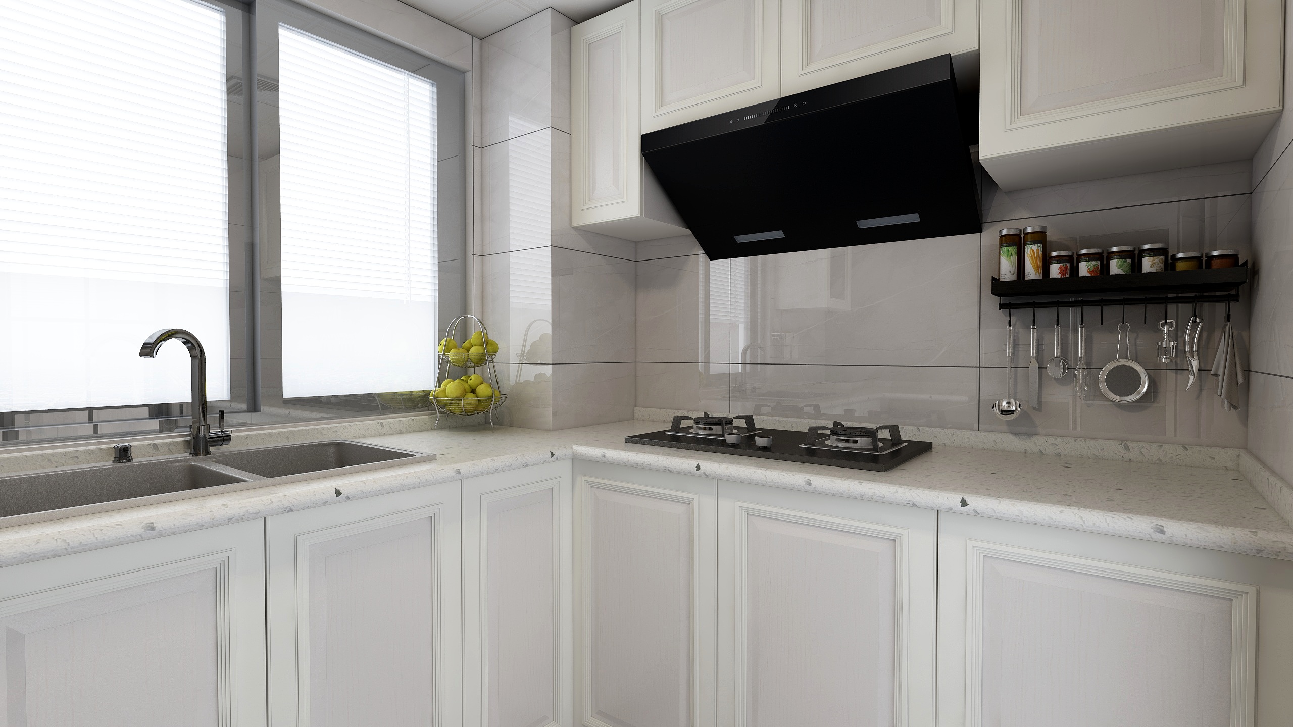 厨房以白色为主，开放式的设计使其与他空间互相呼应